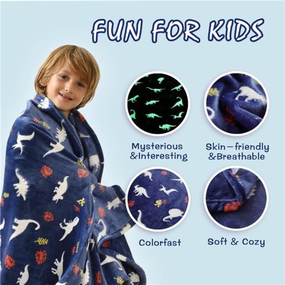 Glow in The Dark Throw Blanket 50x60 Inches,Jurassic Dinosaur Pattern Soft Cozy - Picture 2 of 6